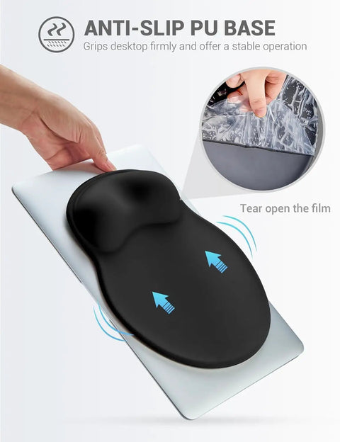 Image of Ergonomic Gel Wrist Rest Mouse Pad With Non Slip Base, being placed on a laptop, showcasing black color and smooth Lycra surface.