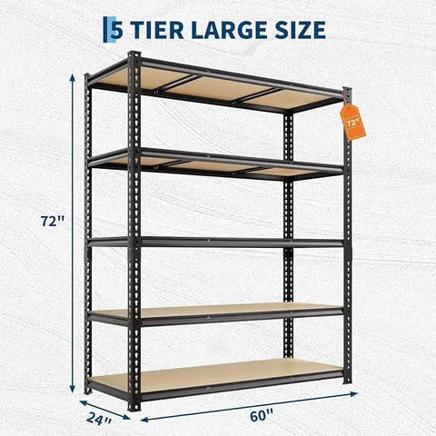 Heavy Duty Five Tier Metal Shelving Rack Featuring Reinforced Steel Frame And Durable Mdf Boards Holds Sixty Five Pounds Per Level, 72 inch tall.