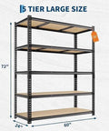 Straight Up Heavy Duty 5 Tier Metal Storage Shelf With Rock Solid Wood Boards And 650 Pound Capacity Badass Garage Rack No Sweat Boltless Design, 72" high, 60" wide, large size.