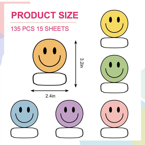 Smiley Name Tags Pack 120 Pcs Boho Pastel Smile Face Nameplates with size dimensions shown, for classroom and office labeling