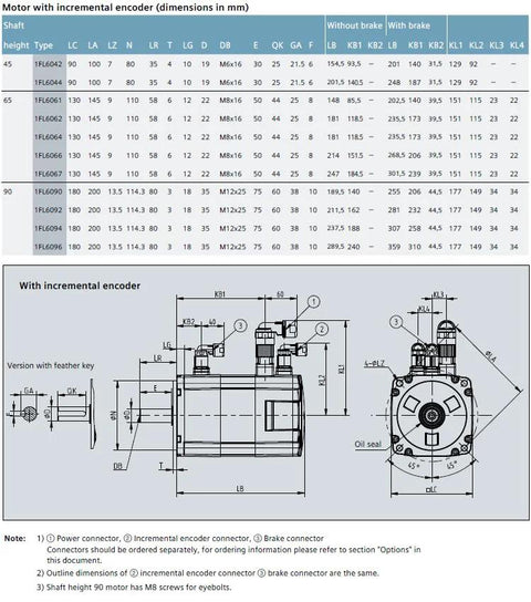 CHUNYE S-1FL6 servo motor with holding brake and incremental encoder; 2 kW, 9.55 Nm, side and front CAD views