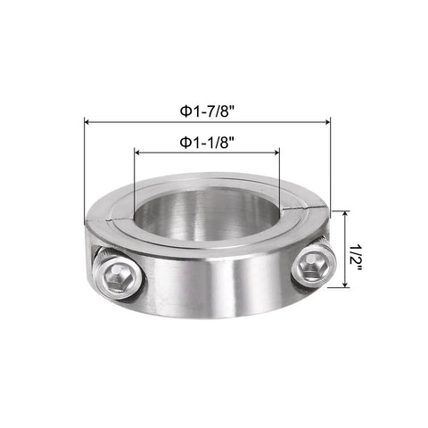 Heavy Duty Split Clamp On Shaft Collar For 1-1/8 Inch Shaft, Two-Piece Clamp, 1-7/8 Inch OD, 1/2 Inch Width, 304 Stainless Steel, Set Screw Style