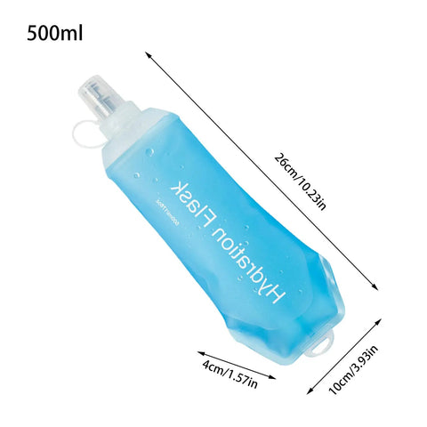500ml Collapsible Soft Flask Water Bottle With Ergonomic Easy Squeeze For On The Go Hydration, showing measurements and valve.