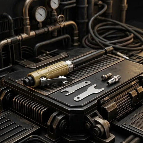 Pneumatic Die Grinder With Extended Shaft For Crevice Work Built Tough Aluminum Body on a tool table with wrenches and fittings.