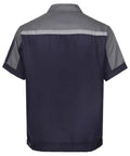 Back view of Mens Short Sleeve Work Jacket Built Like A Tank For The Daily Grind With Bright Reflective Stripes And Smooth Front Zip Breathable Auto Mechanic Uniform Gray Navy Blue Contrast.