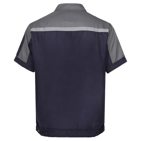 Back view of Mens Short Sleeve Work Jacket Built Like A Tank For The Daily Grind With Bright Reflective Stripes And Smooth Front Zip Breathable Auto Mechanic Uniform Gray Navy Blue Contrast.