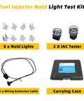 DPTOOL fuel injector noid light test kit with 8 clear noid lights, 2 IAC testers, wiring extension cable, carrying case.
