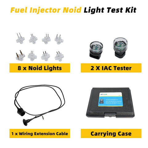 DPTOOL fuel injector noid light test kit with 8 clear noid lights, 2 IAC testers, wiring extension cable, carrying case.