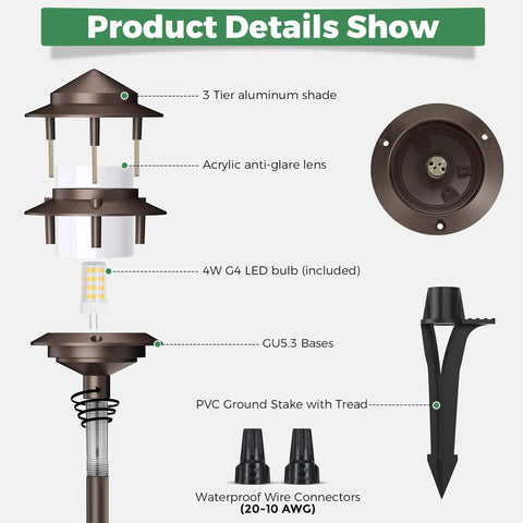 Pagoda Low Voltage Landscape Path Lights 12V Outdoor LED Bronze Three Tier Lanterns Replaceable 4W 2700K G4 Bulb Aluminum Walkway