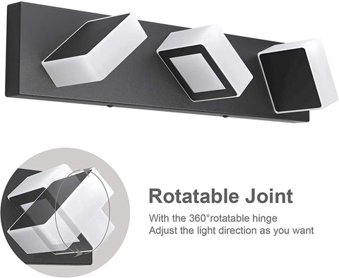 Three Light Black Vanity Lighting Fixture With Acrylic Shades, Modern LED Bathroom Wall Light, rotatable joint detail