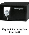 Front view of Compact Home Safe With Key Lock For Cash And Jewelry Storage In Dorms Or Offices Protect Your Passports And Important Papers In 0.35 Cubic Feet Of Secure Personal Safe For Your Pad, showing key lock mechanism.