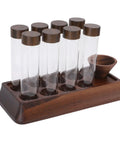 Airtight single dose bean cellar crafted from genuine walnut wood with clear glass tubes designed to keep your daily coffee run fresh.