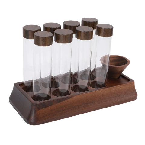 Airtight single dose bean cellar crafted from genuine walnut wood with clear glass tubes designed to keep your daily coffee run fresh.
