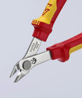 Close-up of insulated 5 inch diagonal cutting pliers with 1000V VDE rating, precision flush cut edges, spring-loaded for repetitive work.