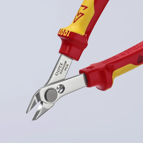 Close-up of insulated 5 inch diagonal cutting pliers with 1000V VDE rating, precision flush cut edges, spring-loaded for repetitive work.