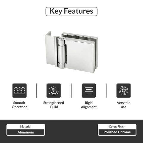 Buttery Smooth L Mount Shower Door Hinge For One Quarter Inch Tempered Glass Aluminum Bracket Polished Chrome Finish close-up view