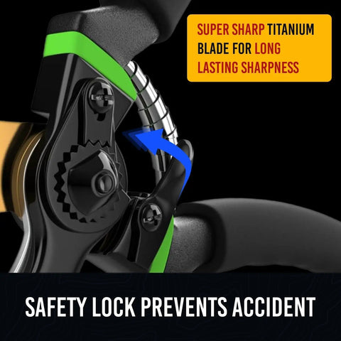 Close-up of Japanese Steel Pruning Shears That Cut 3x Easier, featuring titanium blade and safety lock.