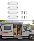 RV Baggage Door Holder Latch Keep Doors Open 4 Pack for Camper storage, shown with screws next to an open travel trailer.