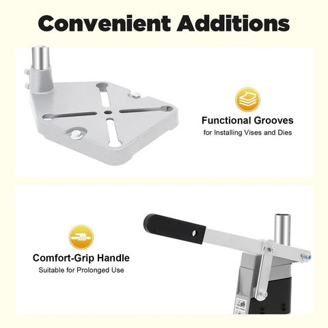 Portable Drill Press Stand And Hand Drill Adapter Aluminum Base Single Hole Workstation, aluminum base detail with grooves and handle.