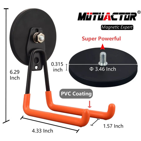 Heavy Duty Magnetic Tool Hooks For Garage And Shop, No Drill Mount, Strong Magnetic Hangers shown with size dimensions