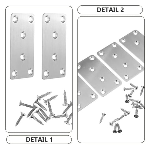 6 Pack Stainless Steel Straight Brackets For Furniture Repair And Mending Plates Flat Braces with screws, silver metal.