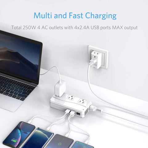 Voltage Converter 220V To 110V Travel Adapter With 4 USB Ports And 3 AC Sockets, devices charging from adapter