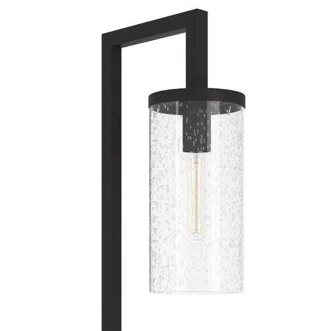Tall Floor Lamp With Glass Shade In Blackened Bronze And White Finish, sleek arc silhouette detail, ideal for living room use.