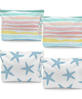 Rainbow Waves Wet Dry Bag Set For Beach And Travel Waterproof Swimwear Toiletry Organizer Gym Bag Hanging Handle Large 11.8 x 8.66 x 2 Inches 4 Pack Made For Moms On The Go And Perfect For Swimsuits Diapers And Dirty Gear, featuring pastel stripes and starfish design on four bags.