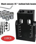 15 Degree Angled Pocket Hole Locator Kit For Woodworking, Pro Grade Drill Guide Sleeve Set 6mm 8mm 10mm, Easy Pocket Hole Puncher For Precise Drilling And Quick Setup, black aluminum guide with sleeves and drill bits