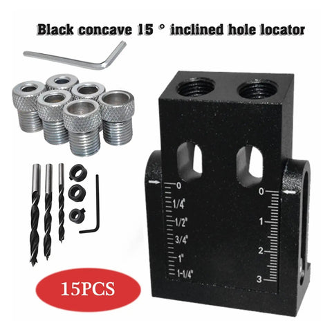 15 Degree Angled Pocket Hole Locator Kit For Woodworking, Pro Grade Drill Guide Sleeve Set 6mm 8mm 10mm, Easy Pocket Hole Puncher For Precise Drilling And Quick Setup, black aluminum guide with sleeves and drill bits