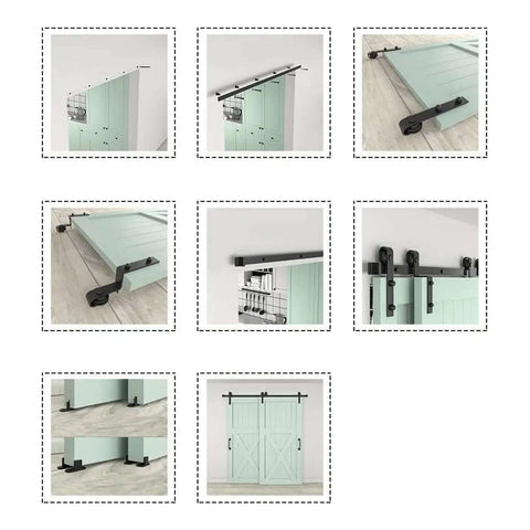 Heavy Duty Barn Door Sliding Hardware Kit For Double Doors, 14 Ft Rail System With J Shaped Rollers, Black Finish, Install Steps