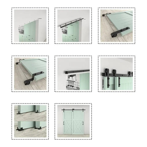 Heavy Duty Barn Door Sliding Hardware Kit with J Shaped Rollers for Double Doors Adjustable Rail 1200-4870 mm Black Finish