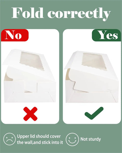 Folding diagram for White Bakery Box With Window 9 By 6 By 2.5 Inches Holds 15 Pastries, showing correct and incorrect methods.