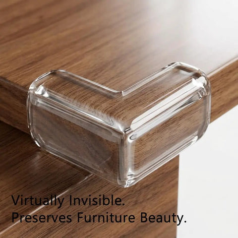 Top Notch Baby Corner Protectors 16 Piece Clear Table Edge Guards on wooden table, virtually invisible cushion for safety.