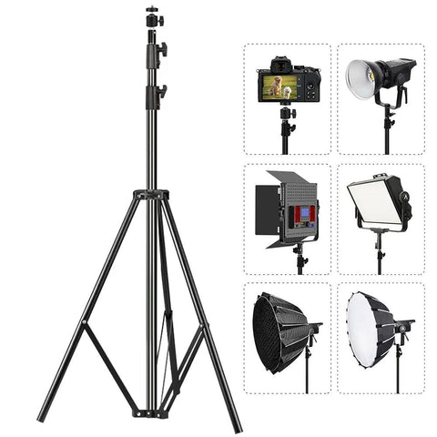 Heavy Duty Light Stand 9.5 Feet Adjustable Tripod for Photo Studio Gear, showing tripod with speedlights, cameras, and softbox attachments.