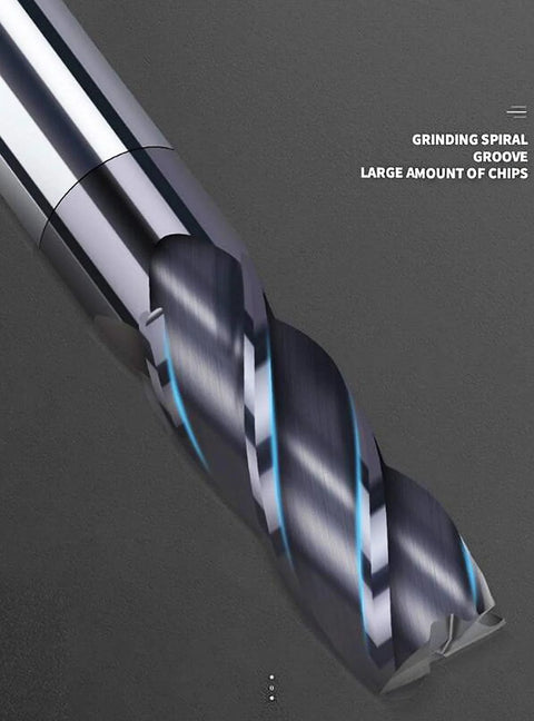 Close-up of end mill set: 8-piece carbide tungsten steel, 4-flute with straight shanks, 2–12 mm