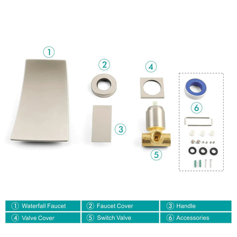 Components for Wall Mount Waterfall Bathroom Faucet With Single Handle In Brushed Nickel, including valve and accessories.
