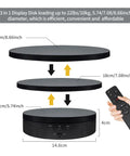 Zlmondee Remote Controlled Motorized Rotating Display Stand Turntable With 5.74 7.08 8.66 Inch Interchangeable Black Covers, dimensions shown.
