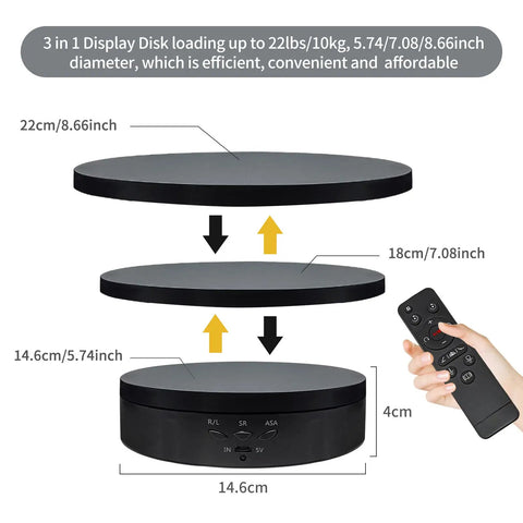 Zlmondee Remote Controlled Motorized Rotating Display Stand Turntable With 5.74 7.08 8.66 Inch Interchangeable Black Covers, dimensions shown.