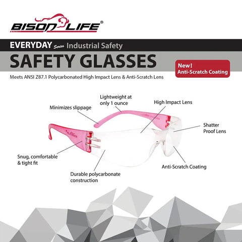 Clear Lens Pink Safety Glasses Pack Of 12 Pairs With Polycarbonate Impact Resistant Lenses, Lightweight Protective Eyewear chart