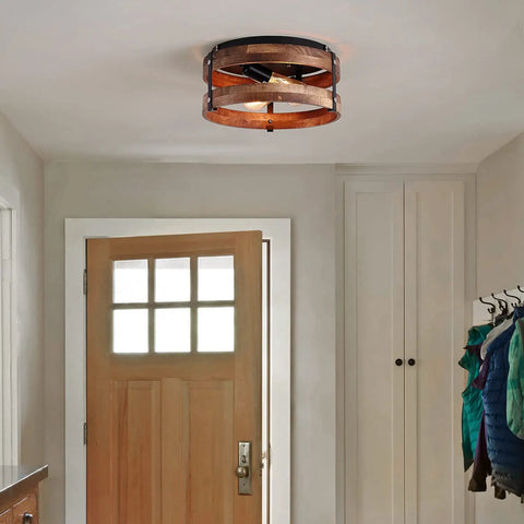 Entrance with 2 Light Rustic Oak Wood Round Drum Ceiling Light Fixture For Hallways Bedrooms Kitchens And Entryways Farmhouse Black Flush Mount