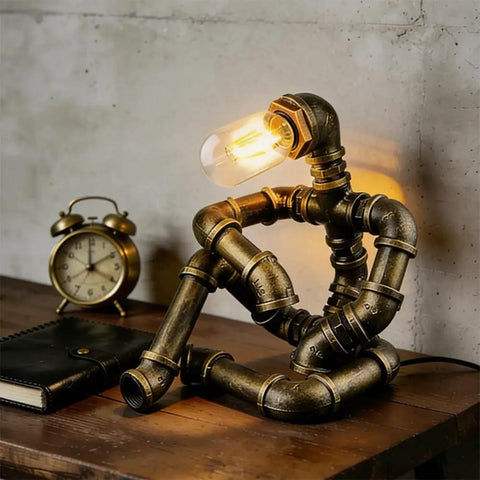 Steampunk Robot Table Lamp With Vintage Industrial Water Pipe Design For Bedside Nightstand Bar Café Quirky Desk Light