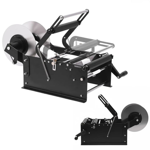Velorantia Automatic Bottle Labeling Machine For Round Pet Glass Containers With Handle Compact Design For Small Business Use Adjustable Clamps Fits Wide Range Of Label Sizes And Bottles Easy Setup, showing detailed mechanism and adjustable features.