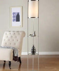 Exeter Durable Glass Display Shelf Floor Lamp With Silk Shade And Heavy Base Stands Five Feet Tall With An 11.5 Inch Diameter