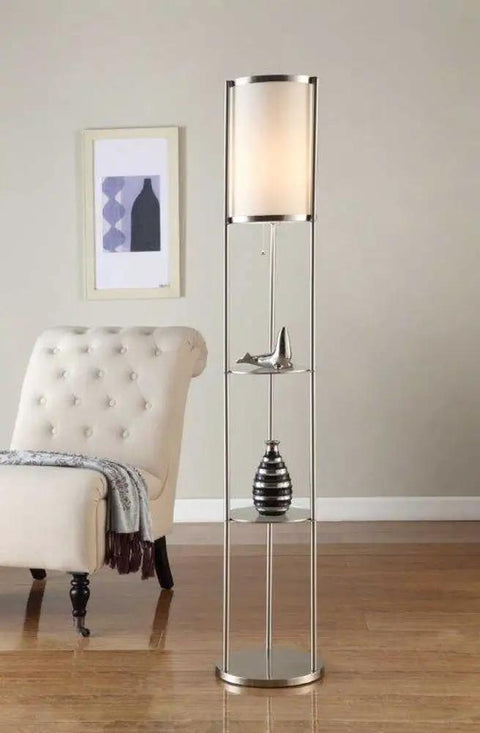 Exeter Durable Glass Display Shelf Floor Lamp With Silk Shade And Heavy Base Stands Five Feet Tall With An 11.5 Inch Diameter