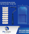 Top Notch Mini Paint Roller Kit With Tray Set For Interior And Exterior Painting Includes 4 Inch Mini Roller Frame Eight 4 Inch By One Half Inch Microfiber Roller Covers And A Handy Mini Plastic Tray For Easy DIY Home Improvement, showing contents and dimensions.