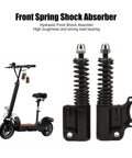 Hydraulic Front Shock Absorber Fork, 200mm Travel shown beside electric scooter, aluminum alloy, dual pack, rust-proof finish.