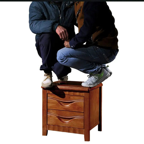 Two individuals squatting on a Totally Solid Rustic Brown Nightstand Fits Every Room Layout Stackable Side Table With Front Storage Drawer Durable Wood Finish.