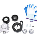 Premium Serpentine Belt Tensioner And Idler Pulley Kit Direct Fit For Ford Explorer Edge Taurus Fusion Flex 3.5L V6 2007 To 2019, with belt, pulleys, tensioner, bolts, and gloves