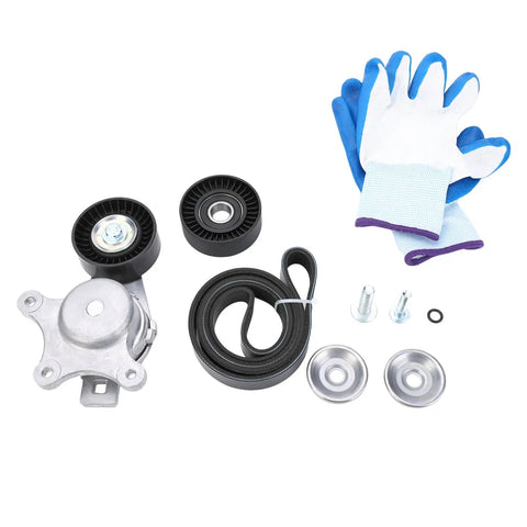 Premium Serpentine Belt Tensioner And Idler Pulley Kit Direct Fit For Ford Explorer Edge Taurus Fusion Flex 3.5L V6 2007 To 2019, with belt, pulleys, tensioner, bolts, and gloves